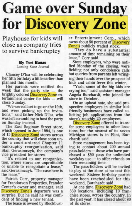 Discovery Zone - Dec 05 1996 Article